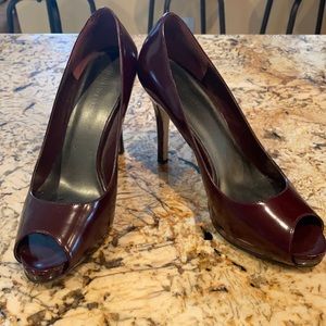 Nine West Maroon patent platform peep toe pumps